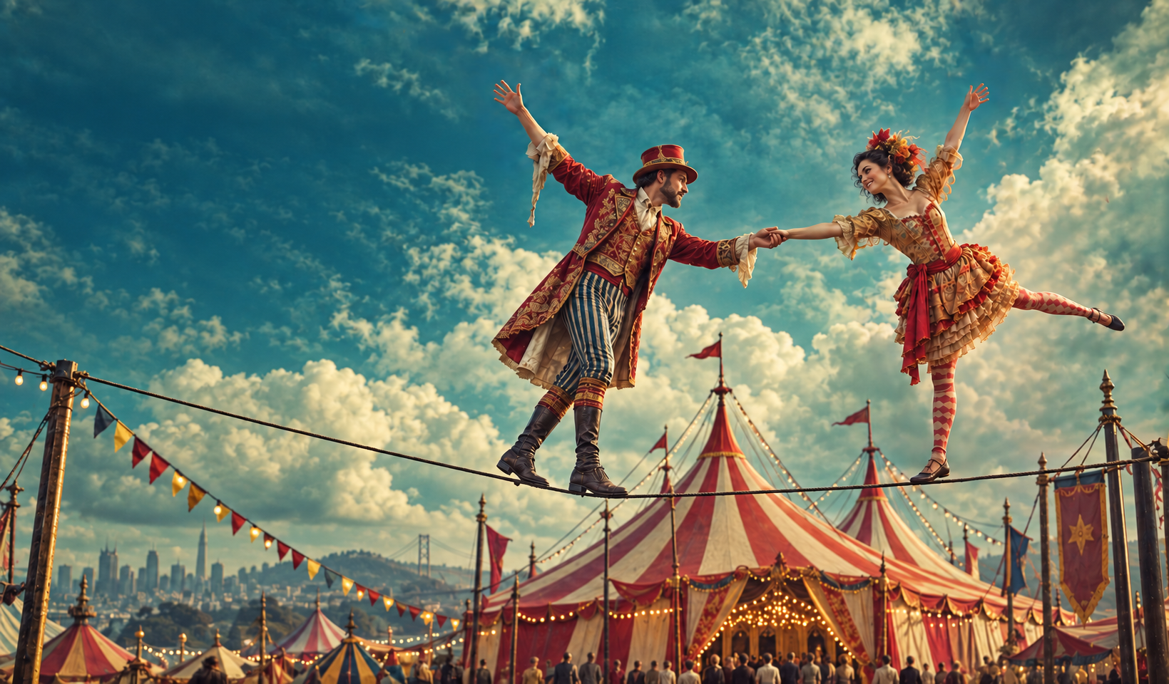 Two circus performers reach toward one another above a gathering of striped tents.